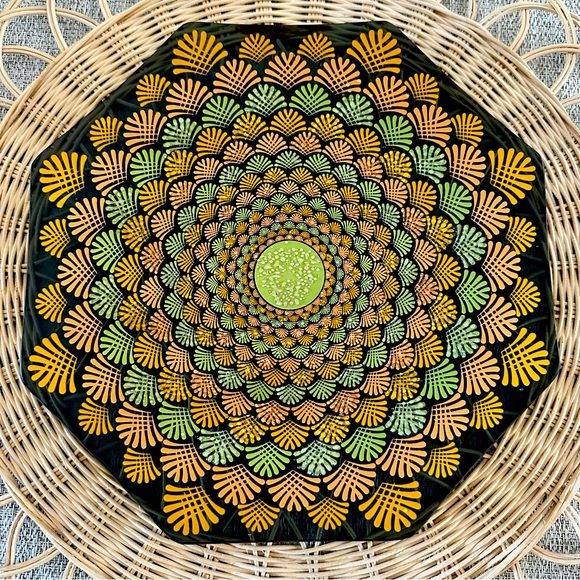 Houzeart Retro 70’s Smoked Glass Embossed Geometric Platter – Groovy Mid-Century - Picture 3 of 6